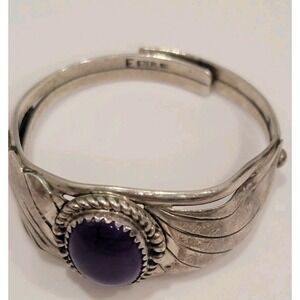 Vintage‎ Sterling Silver Amethyst Wings Cuff Wrist Bracelet Circular Stone .4oz